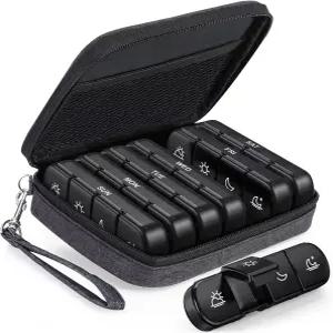 비즈니스 스타일리시한 가방과 함께 하루 4회 남성용 28개 수납공간이 있는 휴대용 알약 상자 7일 비타민