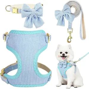작은 개 목걸이 하네스 및 목줄 세트 보타이가 있는 노 풀 통기성 면 조절 가능한 반려동물 강아지 이지