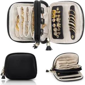 VLAND 여행용 주얼리 케이스 2겹 정리함 반지 귀걸이용 멀티 수납 보관함 목걸이 팔찌 휴대용 상자블랙