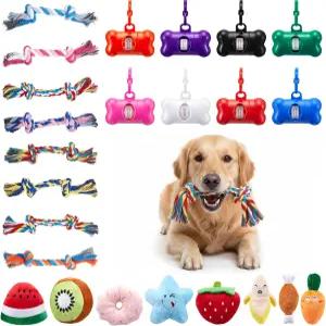 심고잉 24개 강아지 생일 파티 용품 삐걱거리는 장난감 똥주머니 홀더 및 다양한 색상의 밧줄 푹신한 작은