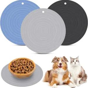 중대형 반려동물(7.1인치 파란색 회색 검은색)에 적합한 식용 및 물 넘침 방지용 실리콘 사료 매트 3종