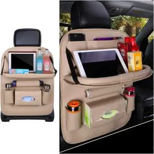 카시트 백 오거나이저 접이식 테이블 트레이가 있는 가죽 차량 시트백 수납 포켓 다기능 자동차 뒷좌석