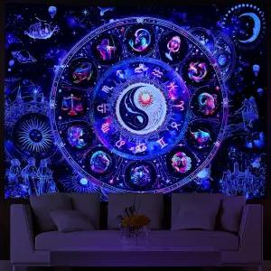 라하스바 블랙라이트 별자리 태피스트리 UV 반응형 태양 및 달 영적 조디악 점성술 은하 배경 미스틱 인 양