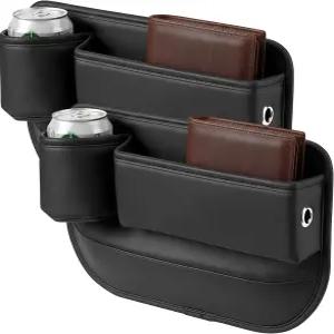 토요스포츠 2 PCS 카시트 갭 필러 정리함 컵 홀더가 있는 PU 가죽 사이드 콘솔 보관함 캔 휴대폰 열쇠