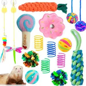 16개의 페럿 삐걱거리는 강화 장난감 세트 고무공 이빨 갈기 씹는 공 이 탱탱 벨 인터랙티브 소리 스퀴커