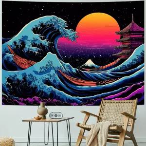 Serborlur The Great Wave Wall 태피스트리 - 일본 가나가와 해양 석양 벽 예술 에스테틱 별이 빛나는