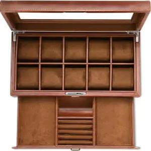 서랍이 있는 가죽 시계 상자 10 슬롯 잠금 보석 홀더 남성용 럭셔리 케이스 디스플레이 정리함 2 티어