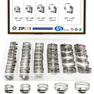 ZIPCCI 호스 클램프 모음 45팩 스테인리스 스틸 키트 웜 기어 연료 라인 파이프