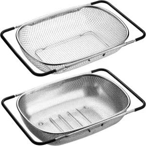 싱크대 위에 큰 티온시 2개 미세한 메쉬 또는 그리드가 있는 6쿼트 스테인리스 스틸 소쿠리 확장 가능한