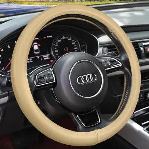 하오케이 헤비 듀티 퓨어 소가죽 스티어링 휠 커버 SUV 자동차 베이지 순정 가죽 남성 유니버설