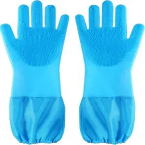 센쿼인 개 세척 장갑 애완동물 그루밍 고양이와 위한 엑스트라 롱 암17.3인치 마사지 및 제모 장갑파란색