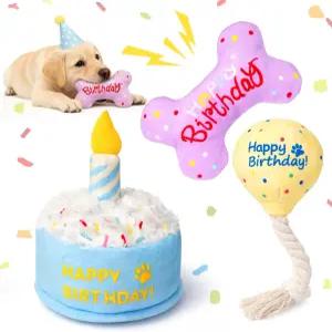 블루퍼프 강아지 생일 장난감 세트 중소형 위한 3팩 플러시 크링클 케이크 로프 풍선 및 삐걱거리는 뼈