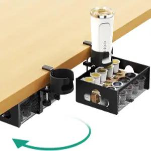 서랍 정리함이 있는 CABTE 책상 컵 홀더 360 회전 숨겨진 보관함이 테이블 위 클립온 후크블랙