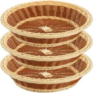 Yarlung 3팩 직조 빵 바구니 플라스틱 등나무 과일 11.5인치 원형 모조 라탄 주방 레스토랑 야외 및 브라운