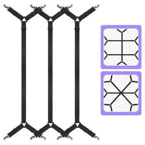 루예나 침대 시트 스트랩 풀사이즈 침대용 PCS 및 홀더 3개 조절 가능한 십자형 맞춤 클립 블랙