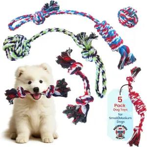 퍼시픽 퍼프스 중형견 및 소형견을 위한 반려견 로프 장난감 5팩 강아지 이빨 씹기 5종 출시