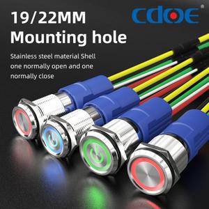 10 Amp 19/22mm 푸시 버튼 스위치 250V LED 방수 스테인레스 스틸 라운드 자동 잠금 1NO 1NC 1 팩