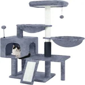 고양이 콘도와 해먹이 있는 익비이어 나무 셀프 그루밍 브러시가 타워 장난감 공 긁는 기둥 및 패드 실내