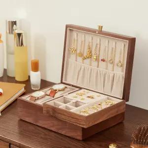 초신 블랙 호두나무 보석함 여성용 2겹 보석 정리함 시계용 탈착식 트레이 포함 반지 귀걸이 목걸이 팔찌