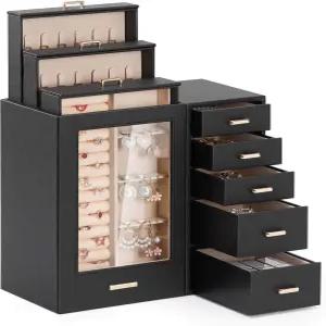 홈데 대형 주얼리 박스/정리함/유리창이 있는 케이스 목걸이용 서랍 귀걸이 반지 팔찌 시계 여성용 선물