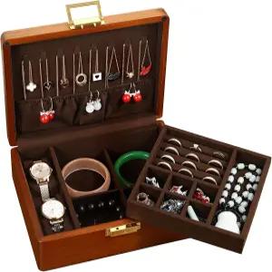 자물쇠가 달린 LIBOLXSP 솔리드 호두나무 보석 상자 귀걸이 링을 위한 2겹 벨벳 안감 목걸이 팔찌 시계