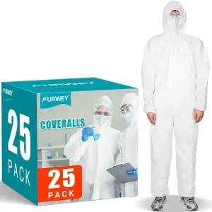 FURWE Hazmat 25PACK 일회용 보호 커버롤 탄력 있는 손목 발목 후드를 가진 남녀를 위한 헤비 듀티 전신