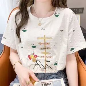 자수 꽃 자전거 루즈핏 반팔 티셔츠 URD 550