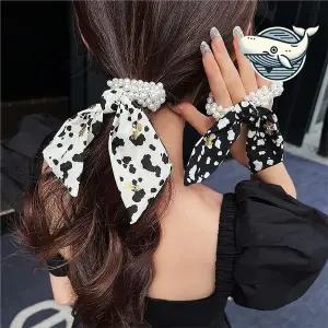 우아한 진주 리본 머리끈 패턴 곱창밴드
