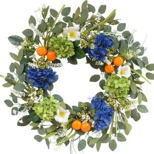 목가적인 22인치 봄 화환 블루 그린 수국과 오렌지 베리 화이트 플라워 현관 창문 맨텔 웨딩 홈 데코