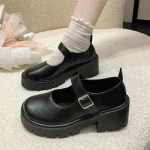 ONM 미들 통굽 펌프스 힐 블랙 구두 메리제인 버클 에나멜