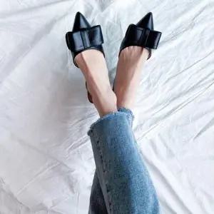 ONM 스틸레토 뾰족코 빅리본 스트랩 슬링백 미들힐 4f