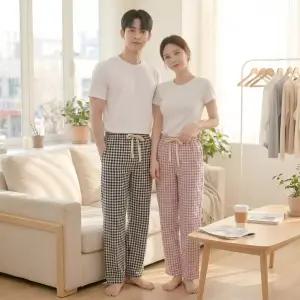 잔체크 9부 잠옷 바지 공용 남성 여성 지지미 편안한 사계절 커플 파자마 블랙 퍼플 스카이 블루 가벼운