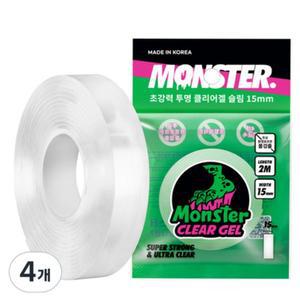 몬스터클리어겔 테이프 슬림 초강력 실리콘 양면테이프 15mm x 2m 투명 4개