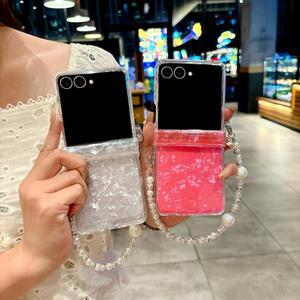 갤럭시 Z 플립 7 6 5 플립 3 4 z플립7용 조개 패턴 비즈 팔찌 케이스, 손목 체인 하드 커버