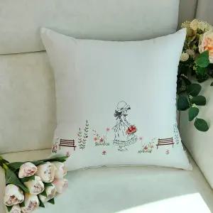[쇼파쿠션] 등쿠션 / 방석 커버 광목 꽃바구니소녀자수 50x50 / 40x40