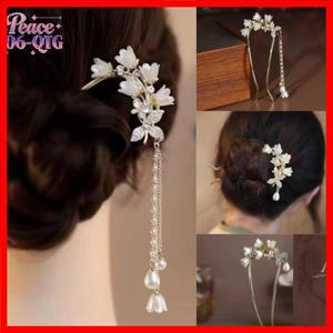 중국 한복 머리 장식 긴 태슬 빈티지 은방울꽃 U자형 머리핀 꽃 수제 헤어 스틱 여성용