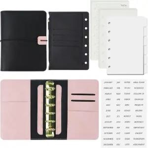 지퍼 포켓이 있는 코큐 A7 가죽 바인더 6링 디바이더 및 리필 스티커 포함 블랙 플래너 커버(블랙 핑크)