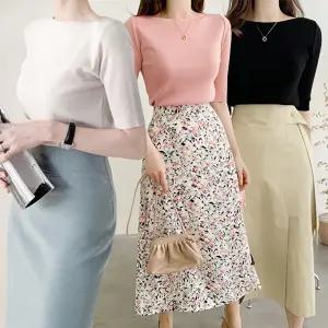 보트넥 슬림 기본 반팔 니트티 쫀쫀 여성스러운 여리 5부 골지 사계절 이너 니트 티셔츠