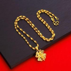 여성용 두바이 골드 14k 컬러 목걸이, 웨딩 쥬얼리, 할로우 해피 네잎 잔디 펜던트, 신부용 물결 체인 넥