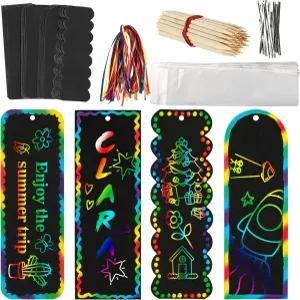 마지한 스크래치 아트 북마크 - 도구가 포함된 36세트 4스타일 제작 키트 종이 새틴 리본으로 잉크가 없는