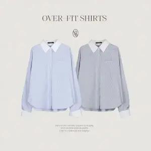 핫핑 [LOVB] L-1462 오버핏 배색 스트라이프 핀턱 긴팔셔츠