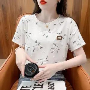 여성용 흰색 꽃 디자인 가죽 장식 라운드넥 반팔 티셔츠 (32966015)