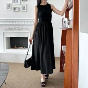 안젤스 나일론 민소매 원피스 SD 240619여름 무지 플리츠 캐주얼 심플 라운드 롱원피스 긴원피스 검정