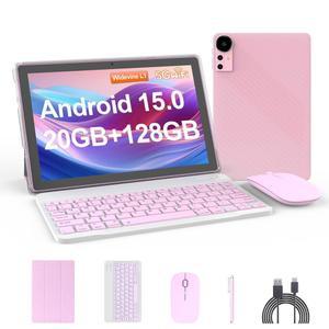 Nyxolaria 태블릿 10.1인치 Android 15.0 RAM 20GB(4+16Expand)+ROM 128GB 6000mAh 배터리 2+8MP 듀얼 카메라 키보드+마우스+보호 케이스+스타일러스(핑크 분홍색)가 장착된 1280 * 800 IPS HD 터치스크린 탭 PC