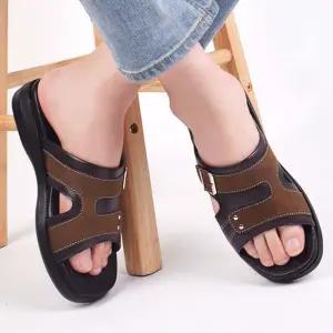 남성 투톤 가죽슬리퍼 스티치 회사 사무실 쿠션실내화