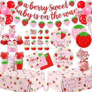 여자아이들을 위한 딸기 베이비 샤워 장식, 190개 베리 스위트 접시, 냅킨, 컵, 배너, 식탁보, 풍선, 케이크 토퍼, 하니콤스 서브 24와 함께 파티 용품을 준비 중입니다
