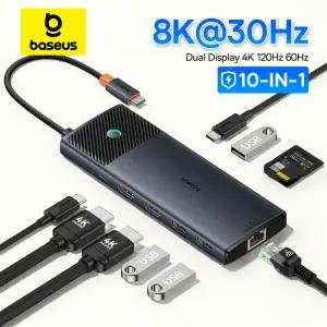 베이스어스 USB C 허브 듀얼 HDMI 8K 4K 어댑터 10-in-1 3.2 10Gbps 분배기 RJ45 SD TF 타입 PD 100W 맥북