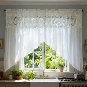 Gxi 화이트 시어 주방 커튼 스웩 속이 빈 레이스 플로럴 밸런스 35인치 길이 도어 패널 막대 포켓 배변