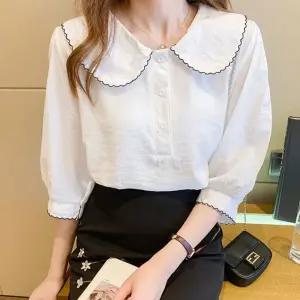 여름 여성 반팔 하객 카라 블라우스 화이트 예쁜 흰색 블라우스 여름 여성 반팔 여자 브라우스 하늘색 룩