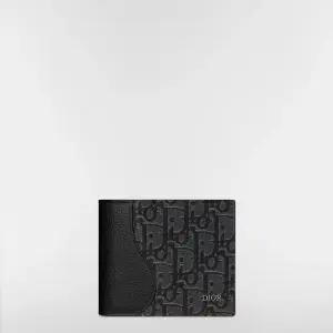 MUST IT_디올 Saddle 반지갑 - 블랙 그레인 송아지 가죽 실버 톤 메탈릭 Dior Oblique 자카드 마르퀘트리